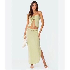 Edikted Sage Green Shimmer 2 Piece Set Ruched Tube Top and Maxi Skirt Festival
